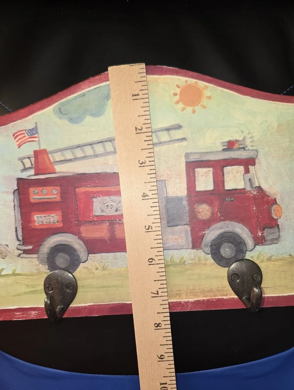 Vtg Children’s Wall Hanging Wood Coat Rack Hooks Fire Truck Theme